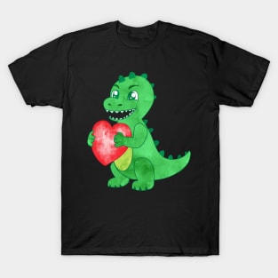 Watercolor Green Dinosaur Hold Heart Valentine T-Shirt